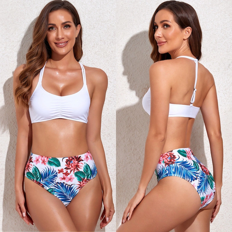 Hawaii Sexy White Floral Bikini Badeanzug Push-up Bikini-Sets für Damen, zweiteilige geraffte Top Bikini Slimming Bademode für Schwimmbad Strand SPA Outfits