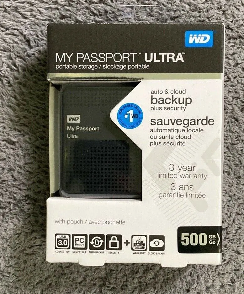 Wd My Passport Ultra 500GB Portable External USB 3.0 Hard Drive Autocloud Backup