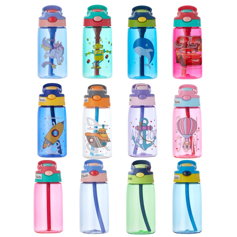Plastic Kids Water Bottle with Straw Cute Printing Child Drink Kids Water Bottle