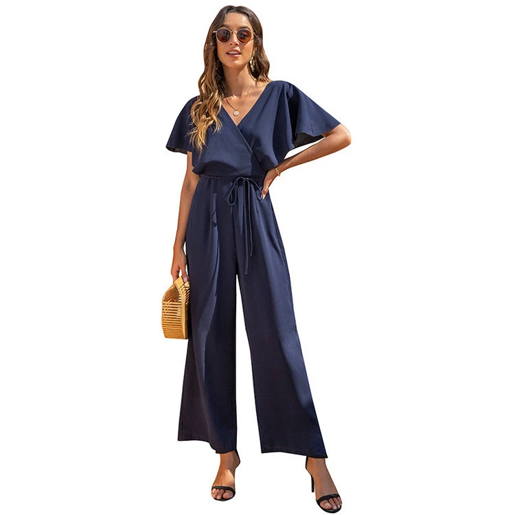 V-Neck Fashion Casual High Waist Loose Jumpsuit Dress