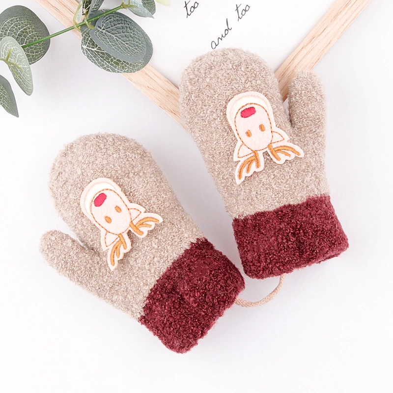 Christmas Deer Winter Children's Padded Thickened Cartoon Cute Knitted Small and Medium Children's Baby Hanging Neck Wrapped Finger Warm Gloves