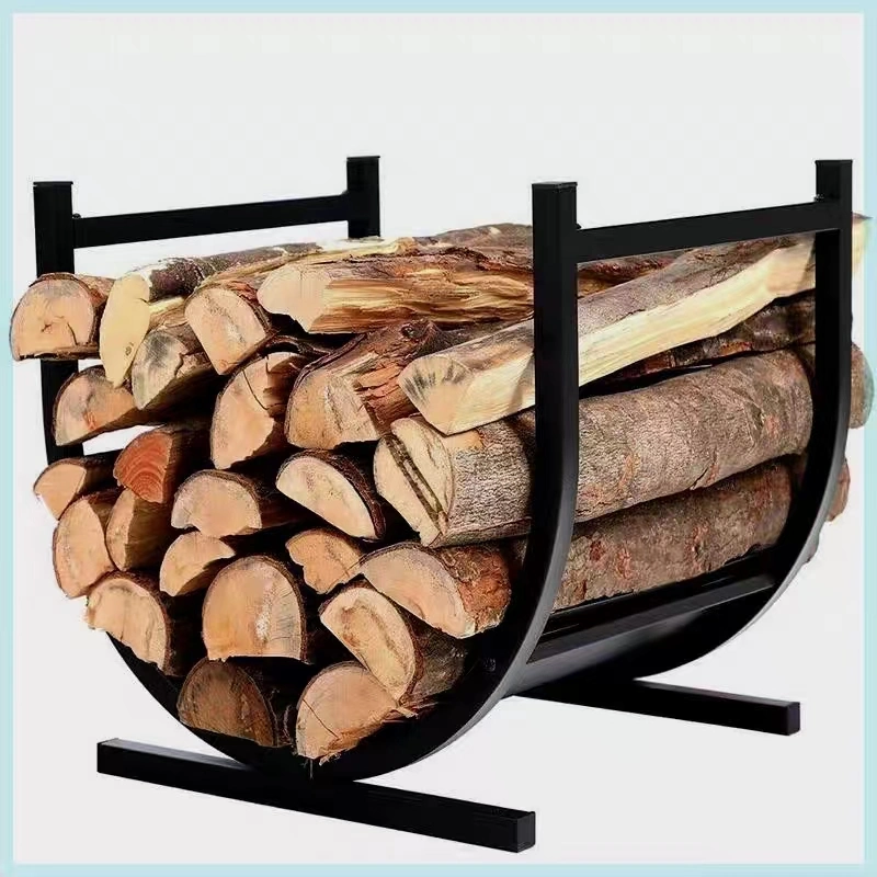 Metal Assemble Fireplace Log Holder Carrier Firewood Storage Rack Fireplace Tool Sets with Shovel Poker Tongs Broom