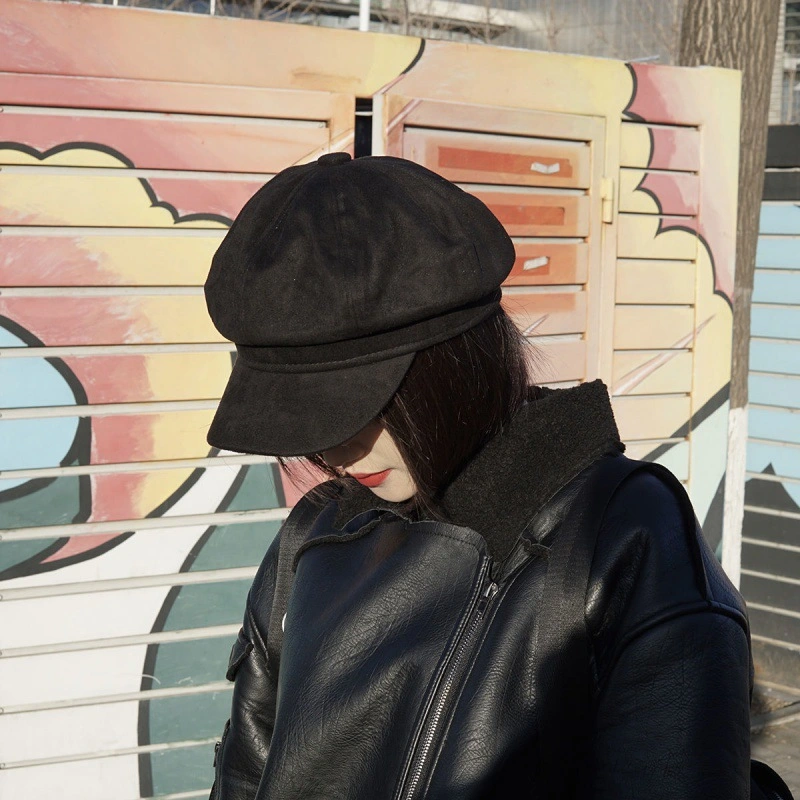 Winter Autumn Octagonal Flat Top Beret Newsboy Cap PU Leather Painter Hat