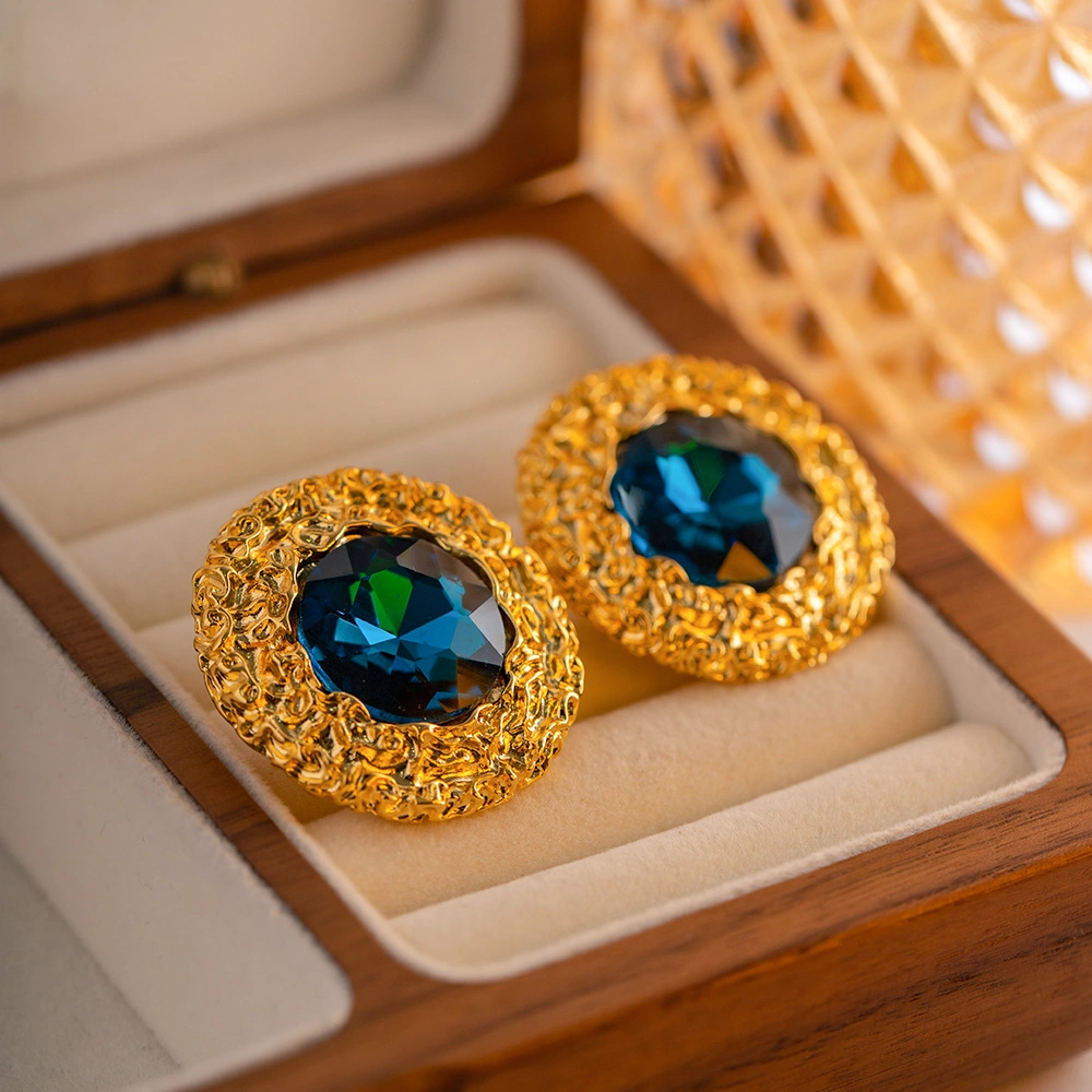 French Retro Earrings Klein Blue Stud Texture Light Luxury Female Court Style Middle Stud Accessories