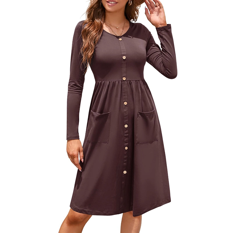 V Neck Button Down A Line Skater Elegant Spring Casual MIDI Party Dresses Fall Women Clothes with Pockets