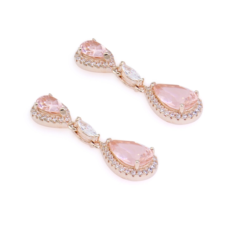 Pink Color CZ Water Drop Design 925 Sterling Silver Lovely Earrings Rose Gold Dangle Earrings for Women Wedding Engagement Elegant Jewelry