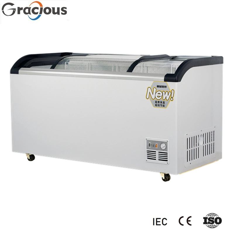 Refrigerador de Exibição de Vidro Curvo Deslizante Comercial para Supermercado Freezer de Sorvete 528 Litros.