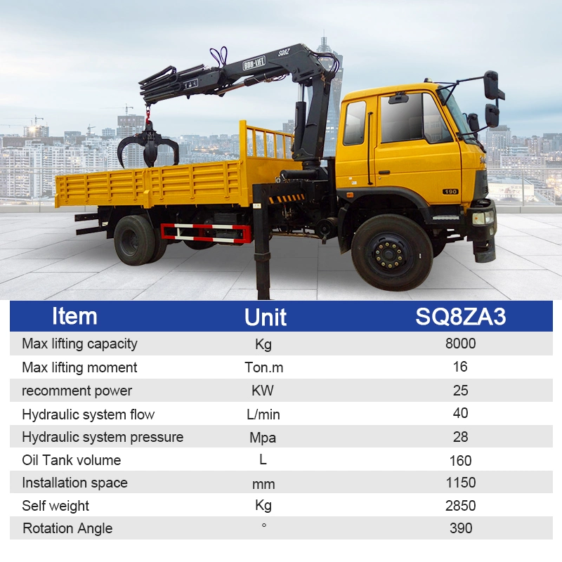 China Venta caliente Bob-Lift 8 Toneladas Grúa Montada en Camión Sq8za3 Grúa Plegable Móvil de Elevación Hidráulica