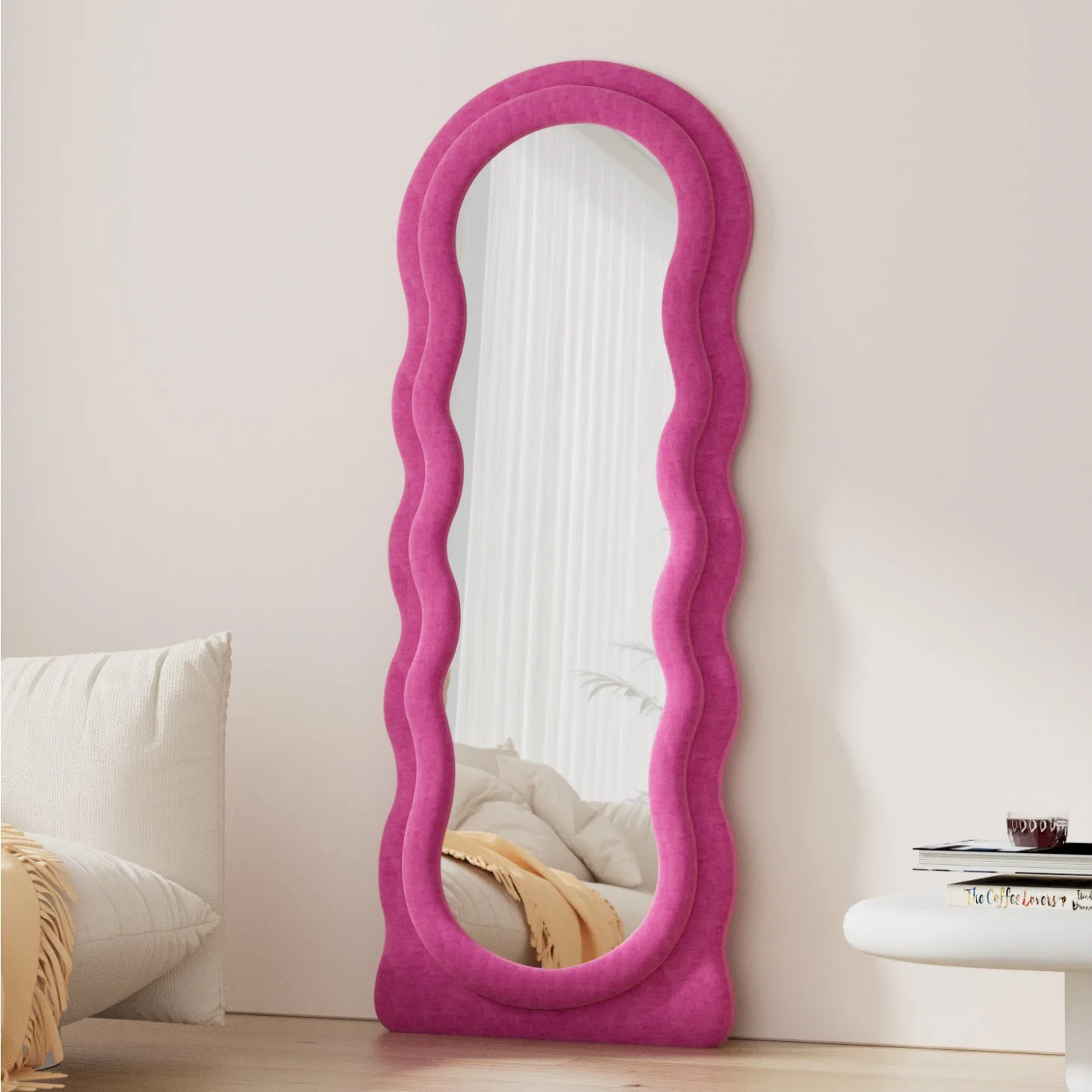 Irregular Wave Shape Full Length Freestanding Body Mirror Flannel Frame