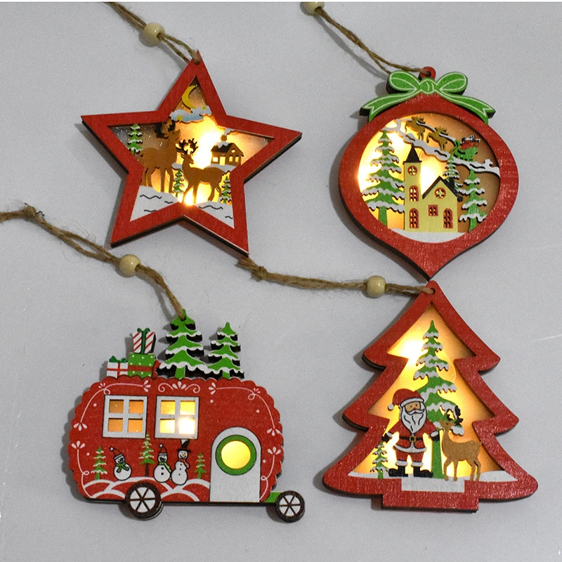 Yiwu Agent Wooden Pendant LED Christmas Tree Ornaments Party Decoration