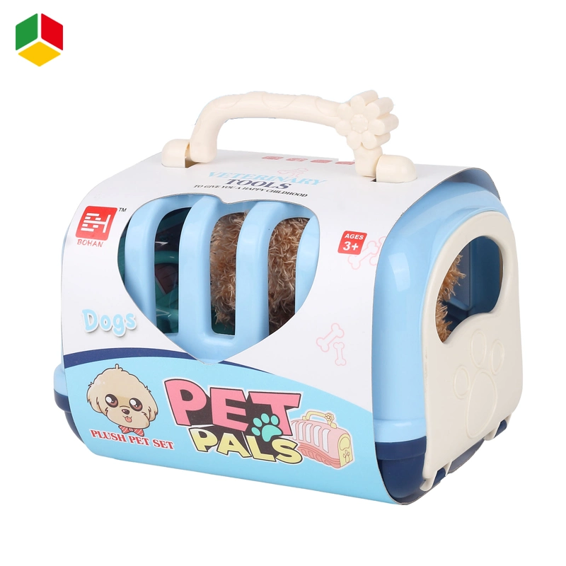 QS Children Educational Pretend Play Toy Plastic Portable Hand Basket 6PCS Simulation Role Play Doctor Cute Plush Soft Pet Dog Doll Set Series Toys for Kids