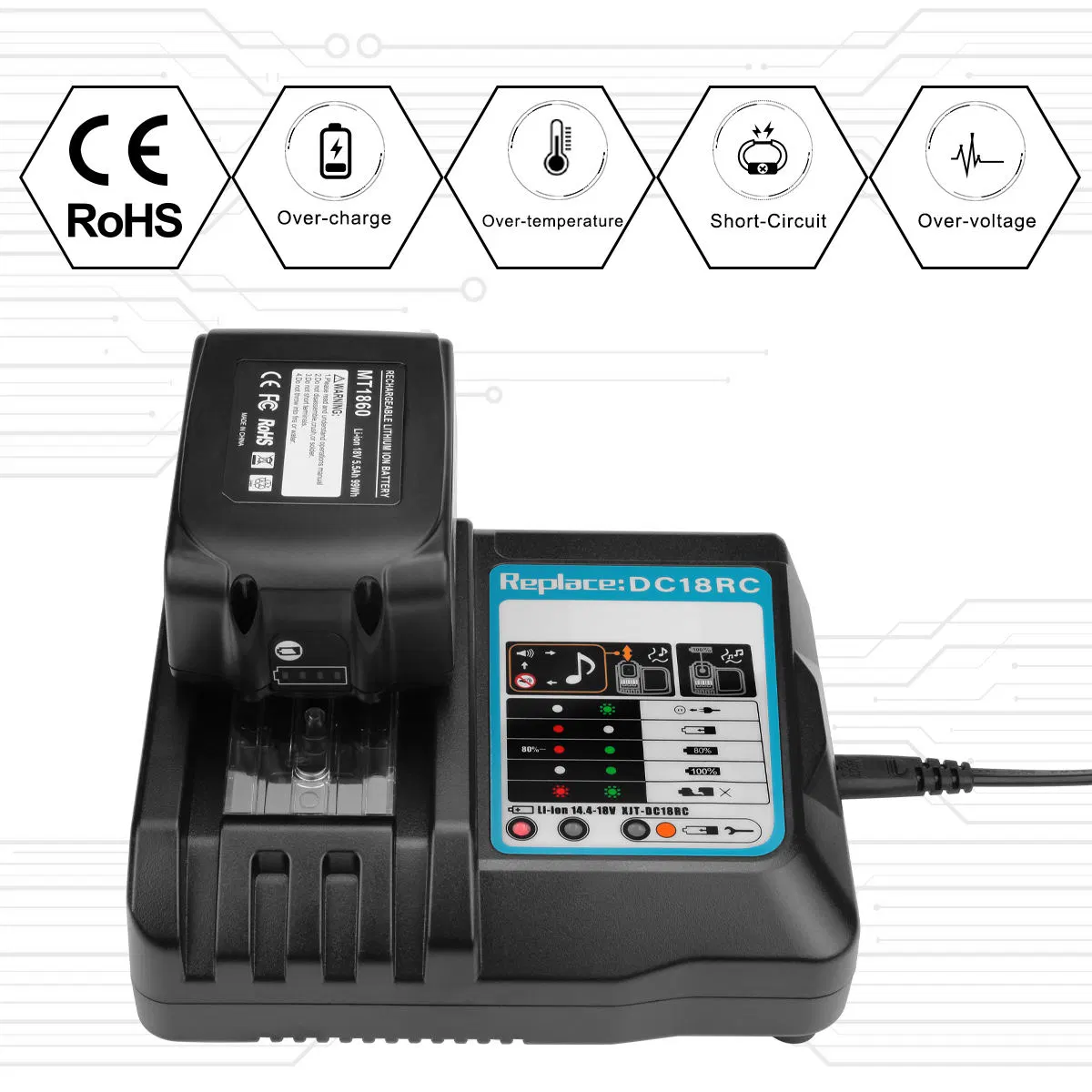 Herramientas de energía de ion-litio Cargador de batería DC18RC Sustitución para Makita 14,4V 18V Cargador de taladro inalámbrico para Makita Bl1830 Bl1840 Bl1850 Bl1860 Cargador