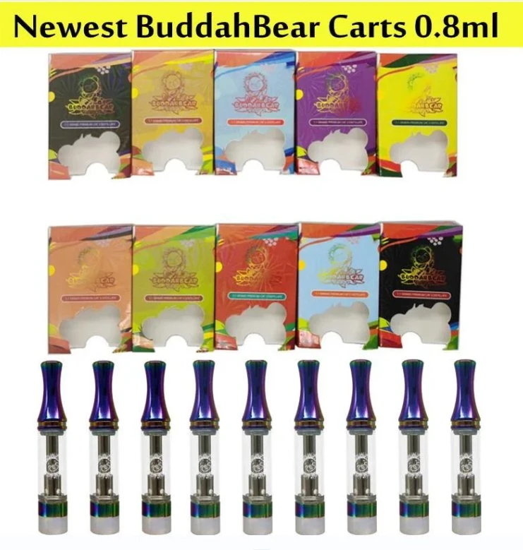 خرطوشة سيجار السجائر الإلكترونية Buddah Bear Vape 0.8مل أتوميزر 510 سعة 1.0 مل خرطوشتا خزفية تعبئة خزان الزيت السميك قلم التبخير القابل للاستخدام مرة واحدة عربة قوس قزح