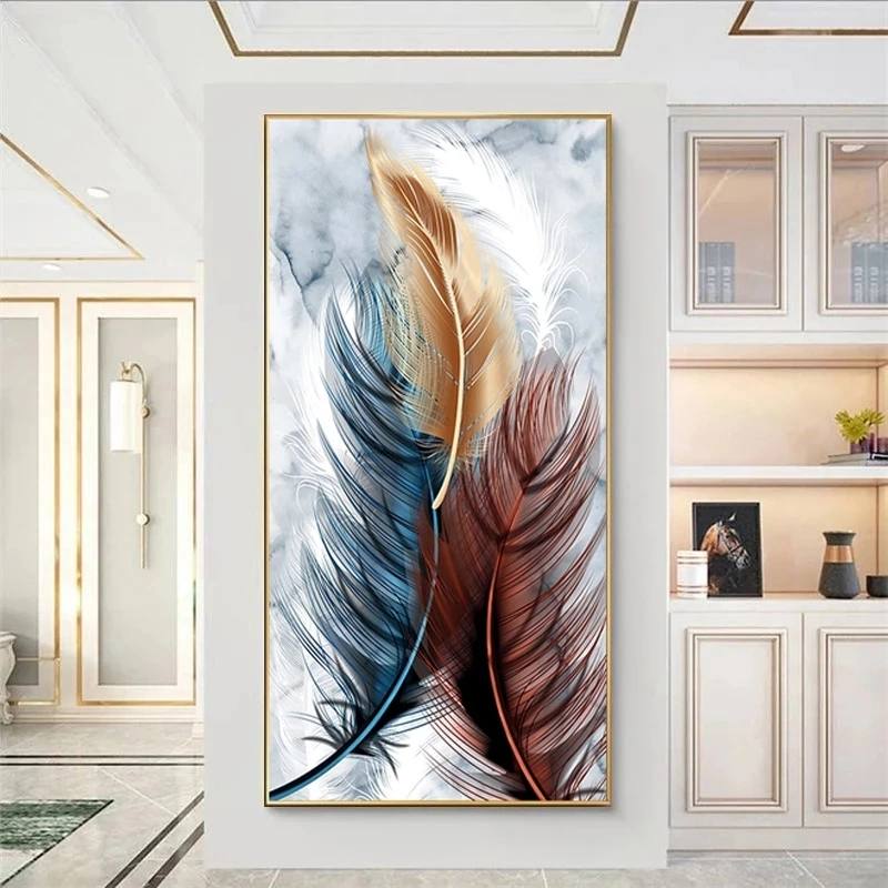 Factory Custom Gold Feather Canvas Painting Feather Leaf Wall Art Posters and Prints Wall Art