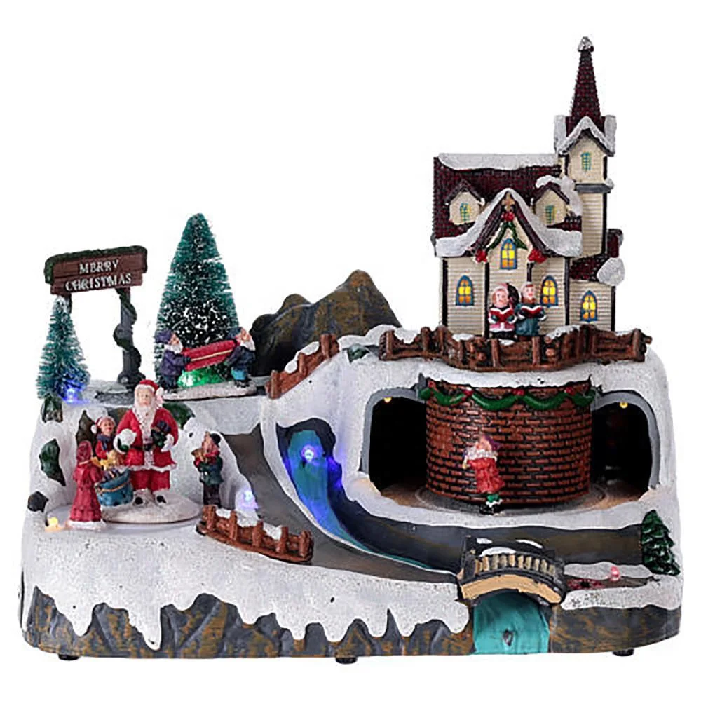 Resin Musical Christmas Village Houses with Santa and Snow Scene Ornament