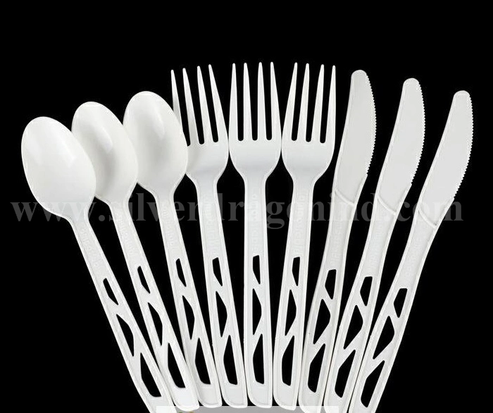 White PLA Disposable Plastic Cutlery, Plastic Knives Spoons Teaspoons Forks