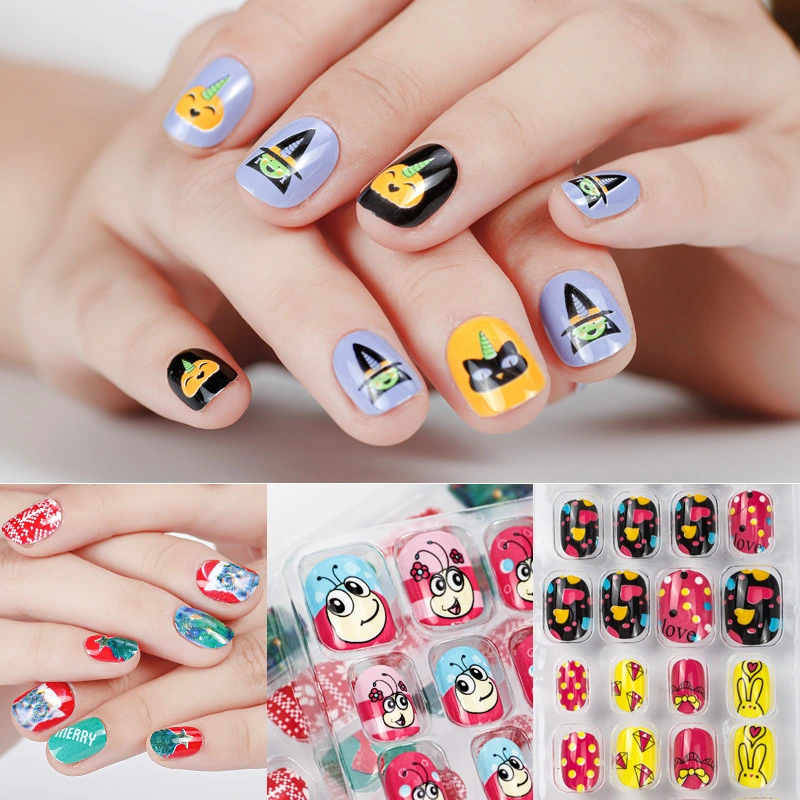 Christmas Cartoon Children Nails Wearable False Nails with Glue Kids Press on Nails