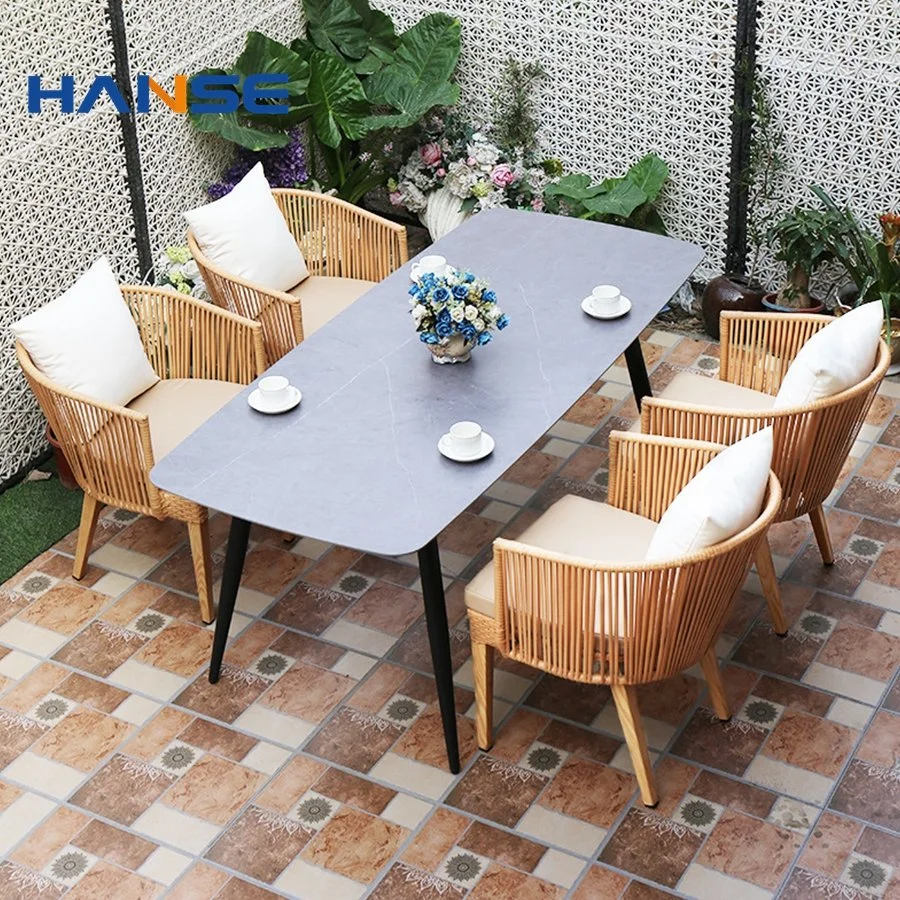 Mesa de jantar ao ar livre e cadeira em plástico estilo retrô Resort Restaurant Rattan Woven Antique Wicker mobiliário exterior