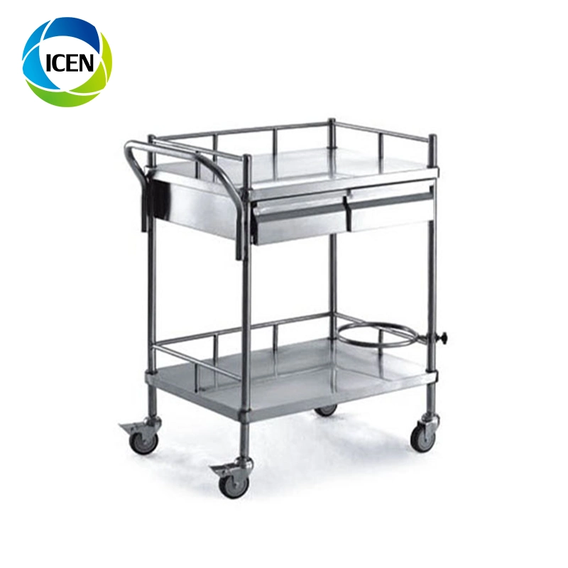 in-677 Stainless Steel Clinical Hospital Dressing Instrument Cart Trolley with 2 Drawer