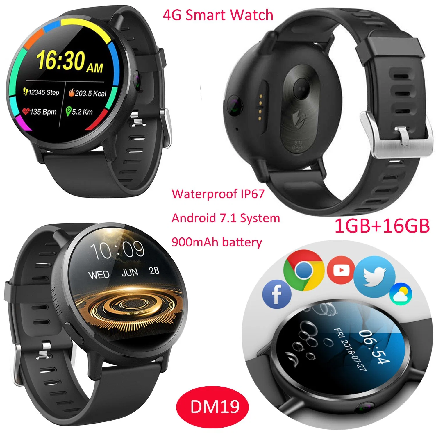 4G confiable pantalla grande bonita Smartwatch Teléfono con IP67 impermeable Cámara dual de frecuencia cardiaca DM19