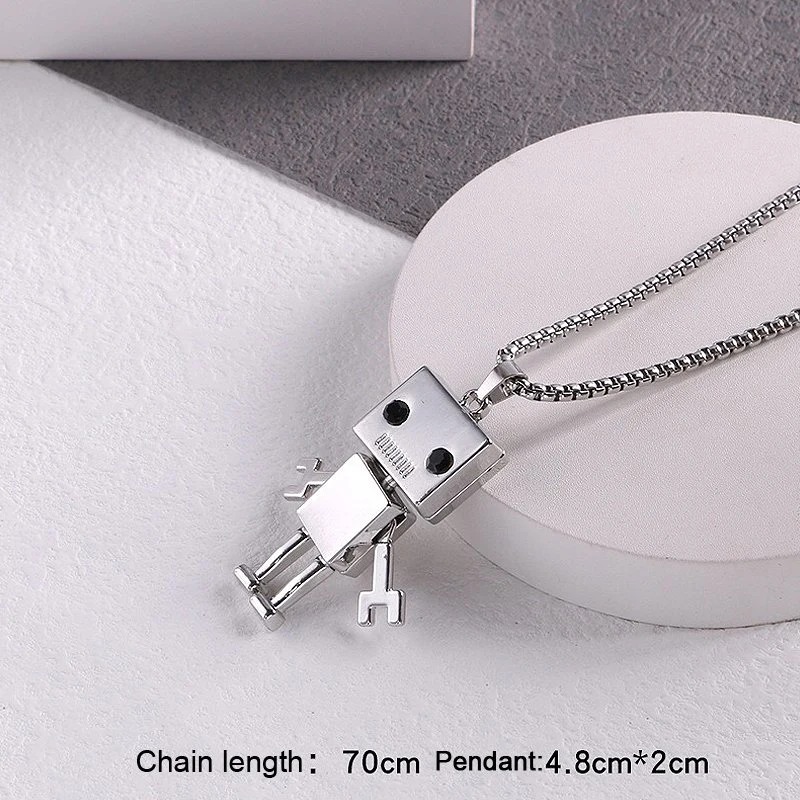 Mens Fashion Jewelry Titanium Steel Robot Pendant Necklace Women Robot Sweater Chain