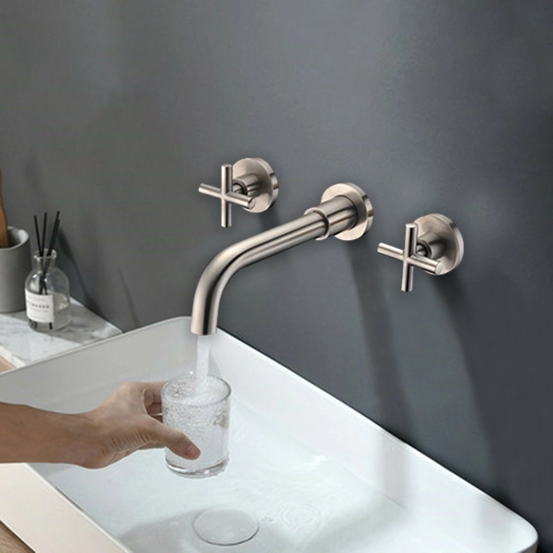 Three Hole Brushed Gold Wall Mounted Basin Faucet Taps Mixer