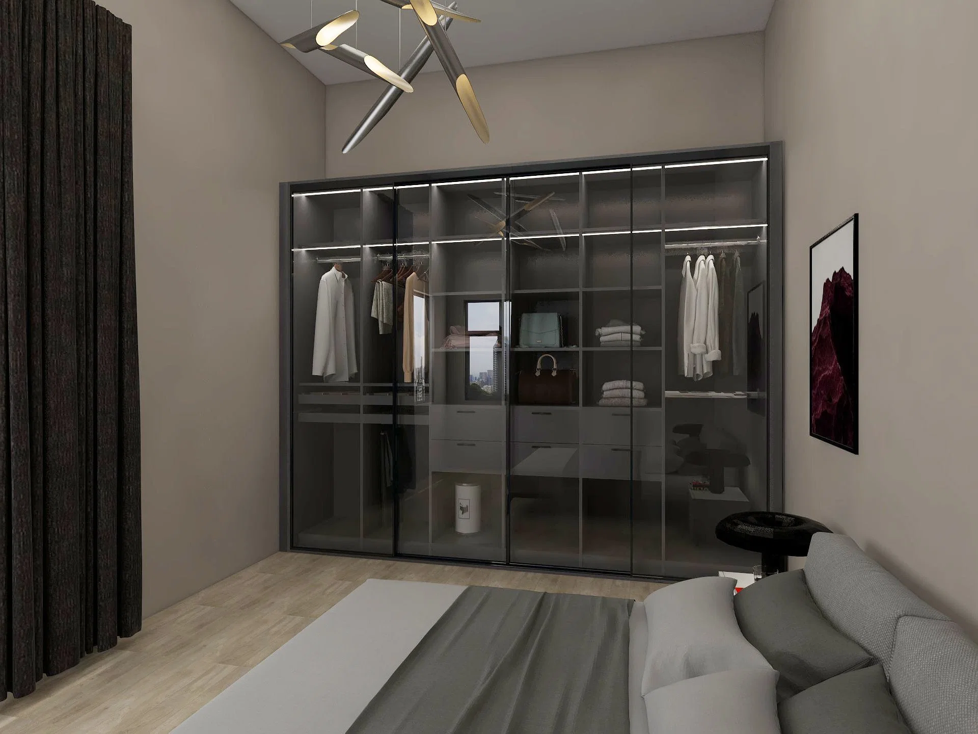 Italian Style Open Cloakroom Wardrobe Cabinet Aluminum Frame Glass Door Walk in Wardrobe Clothes Closet