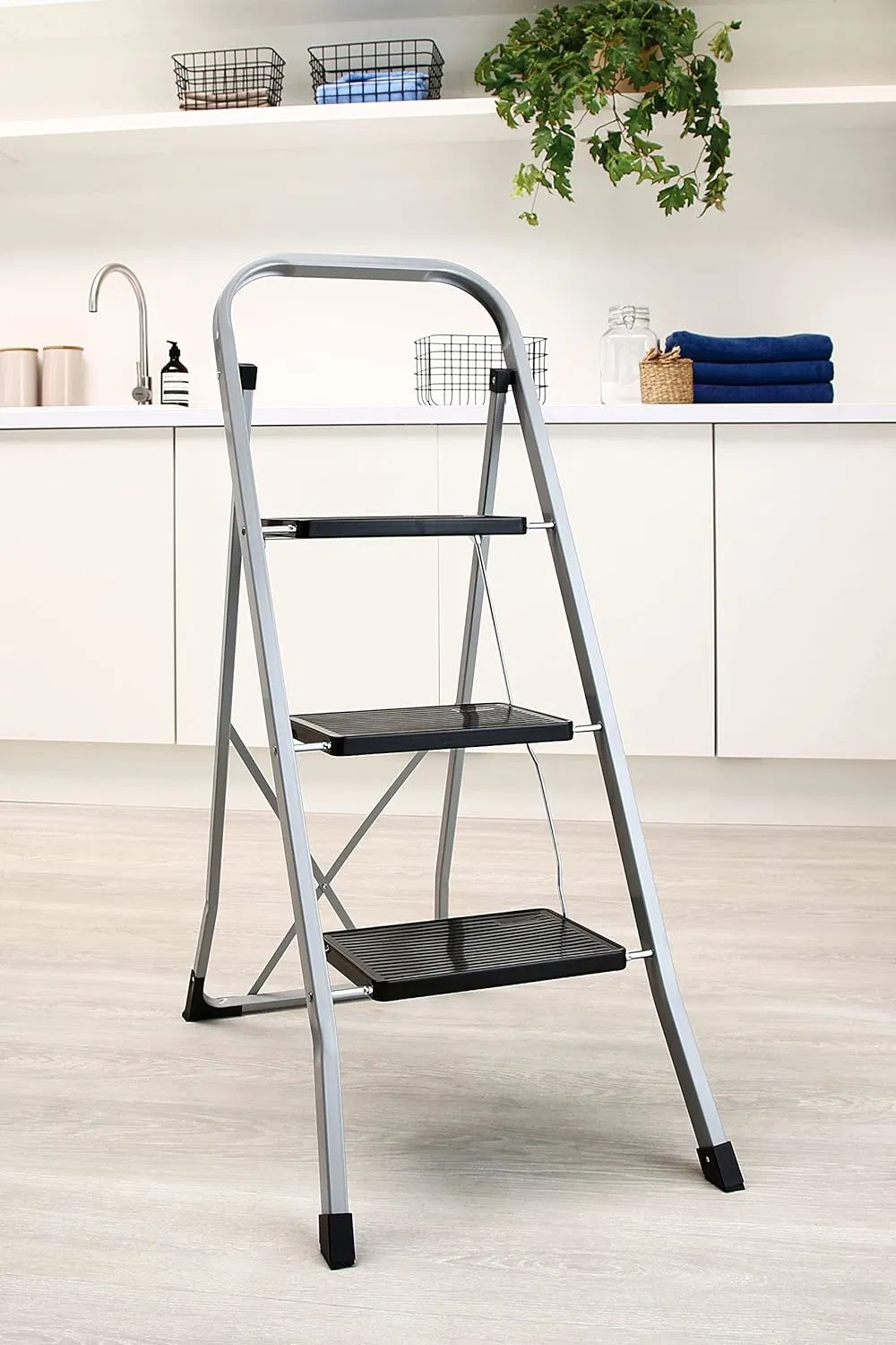 Metal Steel Sturdy 3 Step Folding Step Stool Ladder for Adult with Handgrip & Anti-Slip