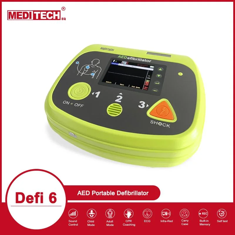 Definição Meditech6 desfibrilador externo automático disponível em várias línguas, dea portátil que pode ser equipado em casa em locais públicos ou em hospitais.