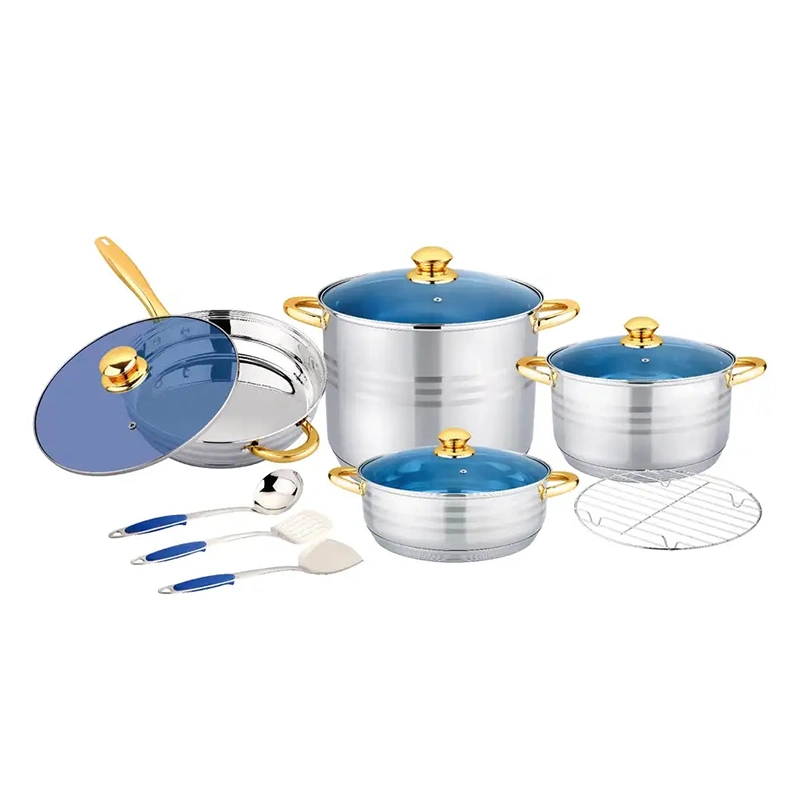12PCS Nonstick Cookware Set with Kitchenware Utensils Cooking Pots and Pans Stainless Steel Cook Ware with Blue Glass Lid