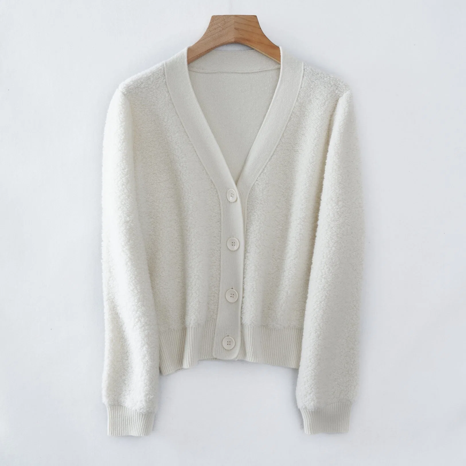 Ladies Autumn Winter Classic Basic Version V-Neck Merino Wool Teddy Fleece Cardigan Jacket