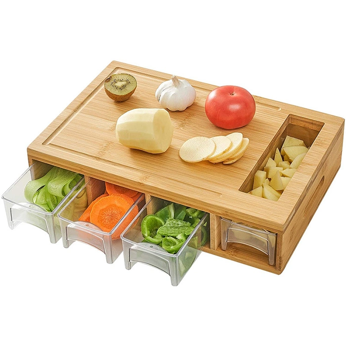 Wholesale/Supplier Side Handle Bamboo Cutting Board with 4 Pull Drawer Storage Tray