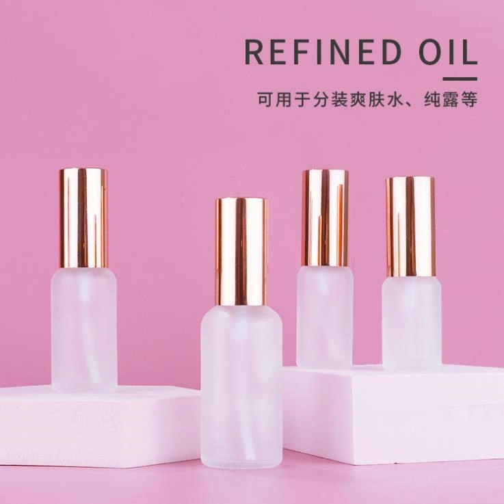 Hot Sale Luxury Empty Matte Essential Oil Glass Bottle Rose Gold Color Pump Spray Cover Perfume Glass Bottle