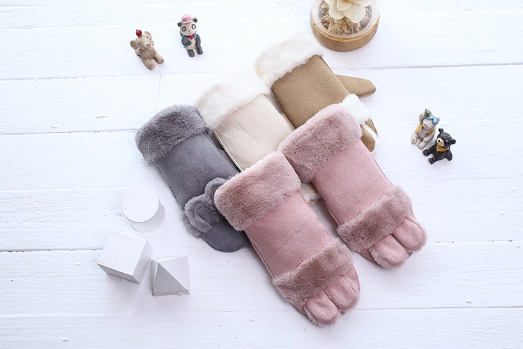 Women's Winter Full Fingers Suede Rabbit Ears Cycling Velvet Thickened Warm Plush Student Gloves