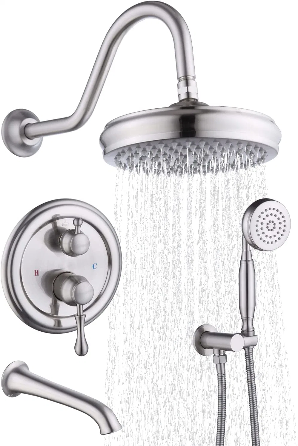 Laiton antique douche ensemble avec la main Combo Fixture baignoire de pulvérisateur monté sur un mur de la tuyère 8 pouce de douche de pluie robinet Set, Nickel brossé