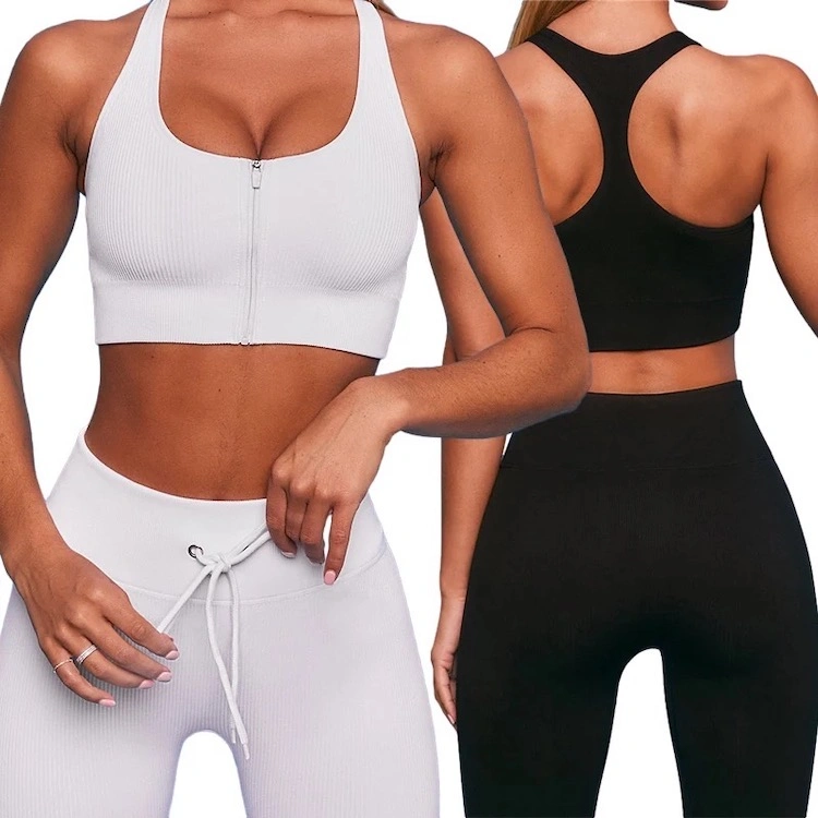 Azul Premium Lounge estriada ejercicio Brasileña de desgaste de ropa para mujeres, 2 pieza Zip depósito hasta arriba + Cordón polainas de ejercicios de yoga perfecta Activewear establece