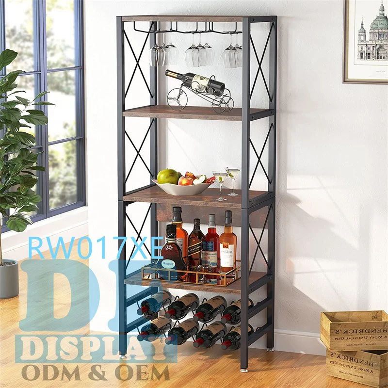 Wine Bakers Rack, 4-Tier Industrial Wine Rack Freestanding Floor with Glass Holder and Wine Storage, Wine Bar Cabinet with Storage Wooden Wine Display Rack