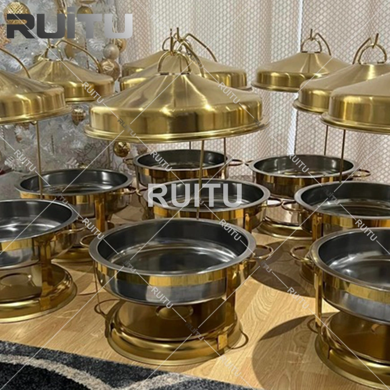 Hotel Restaurant Supplies Luxury Chaffin Dishes Catering Equipment Hanging Glass Lid Round Cheffing Dishes Buffet Stainless Steel Chef in Dish Food Warmer Set