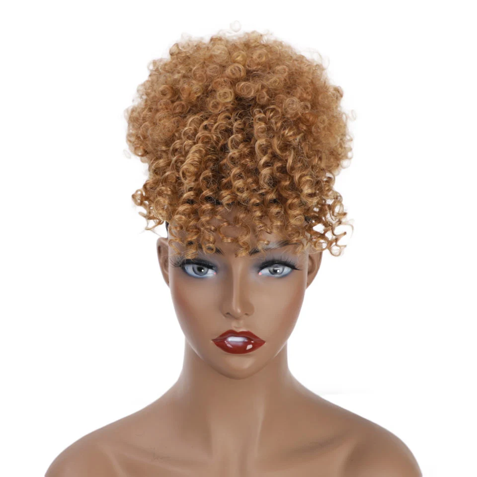 Sintético Afro Cabello Bun Kinky Curly Updo peinados Chignon con Bang