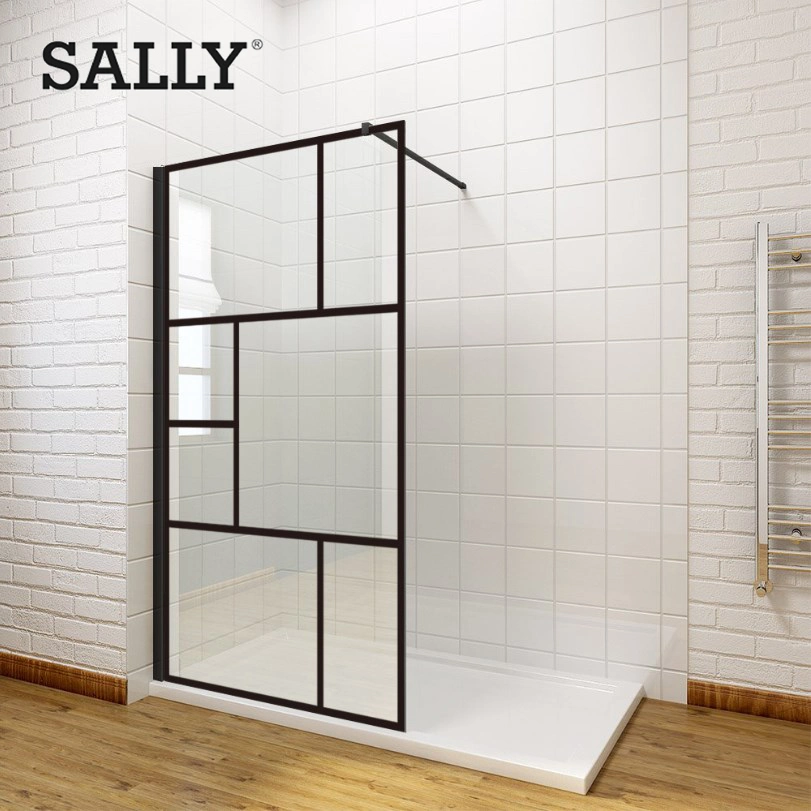 Walk-in Wet-Room Screen Matt-Black Grid Framed 8mm Glass Shower Door