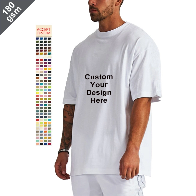 T-shirt de manga comprida em algodão branco para rua, de costas descaídos, personalizada T-shirt para homem com impressão de alta qualidade e peso elevado