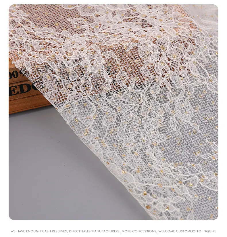 Wedding Fabric Factory Stock 100% Nylon Fabric 145cm White Lace Fabric Gold Little Lotus for Cloth