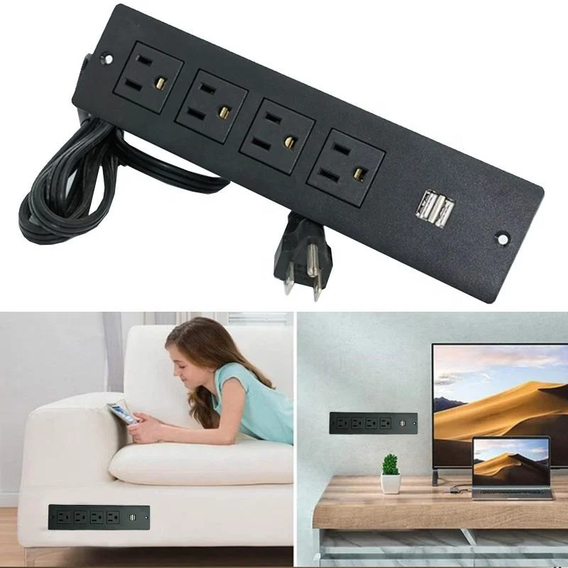 2m Hotel Desk Kitchen Conference Furniture Recessed USA Power Strip Socket 4 AC Outlets with 2 USB Ports