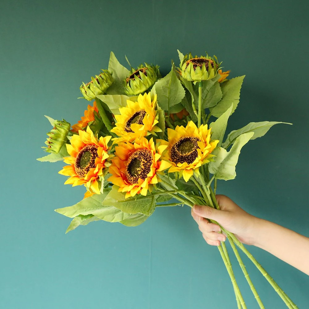 Mariage de l'artisanat 3 Fleurs artificielles de tournesol fabricant de gros de plantes vertes Ins décoration de fleurs de simulation transfrontières