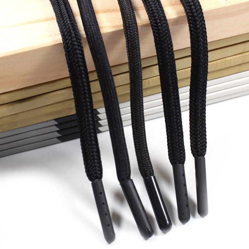 Custom Black Round 5mm/6mm/7mm Polyester Drawstring Rope with Metal Tips