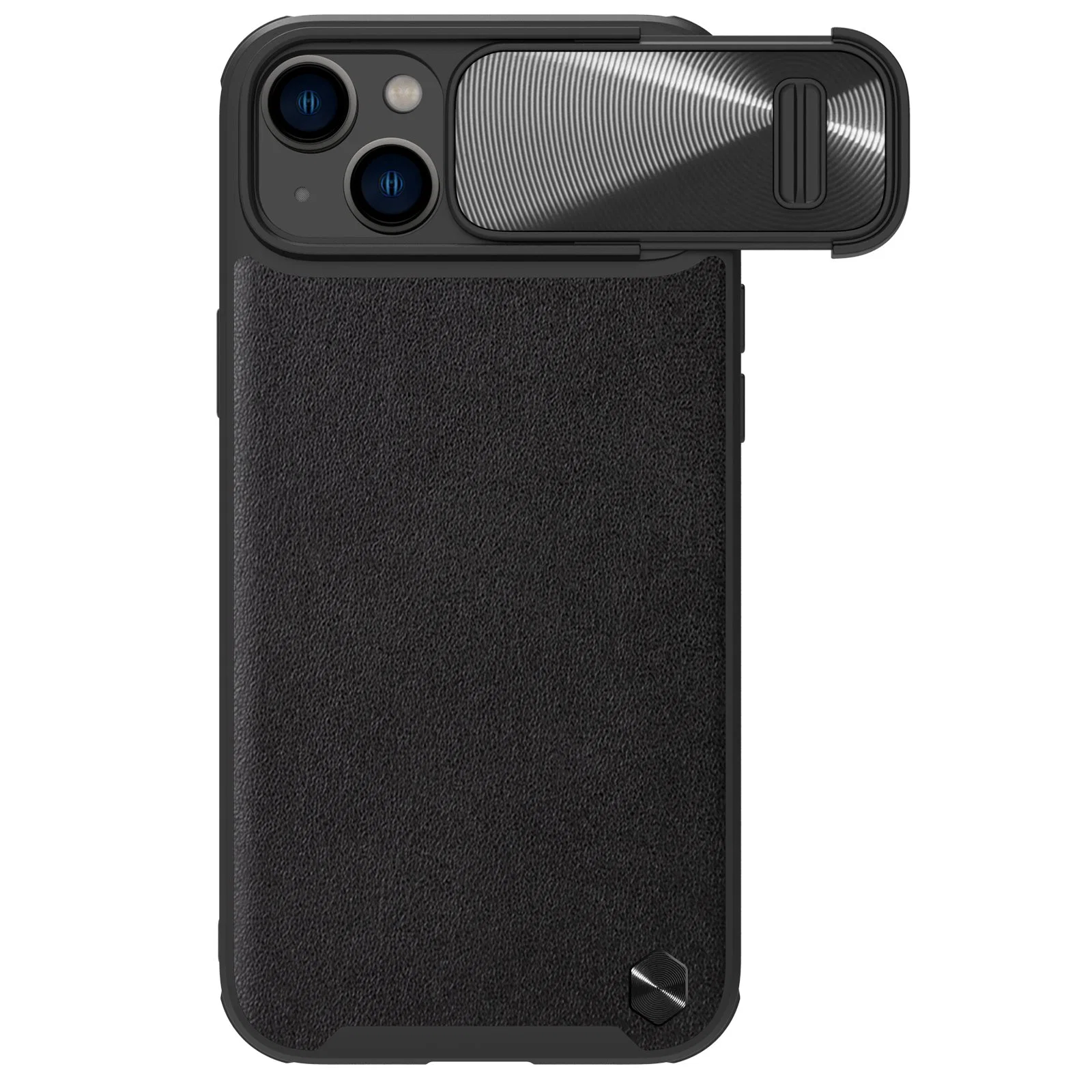 Teléfono Anti-Drop Nillkin cubierta para iPhone 14 Plus, recubierto de cuero de PU PC + TPU Case teléfono deslizante con el apoyo de protección de la cámara de carga inalámbrica - Negro