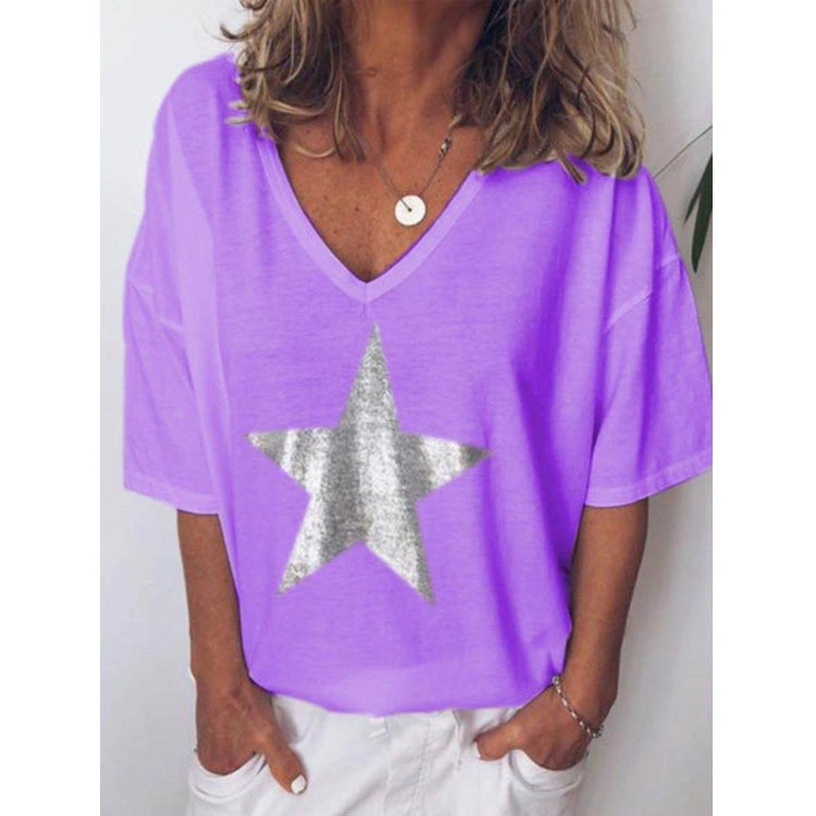 Custom Silver Star T Shirt Women Fashion Summer Lady Print Tee V-Neck Top Female Tshirts Clothes