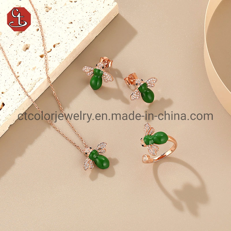 Cute Animal Model Green Enamel Zirconia Bee Ring Earrings Necklace Jewelry Set