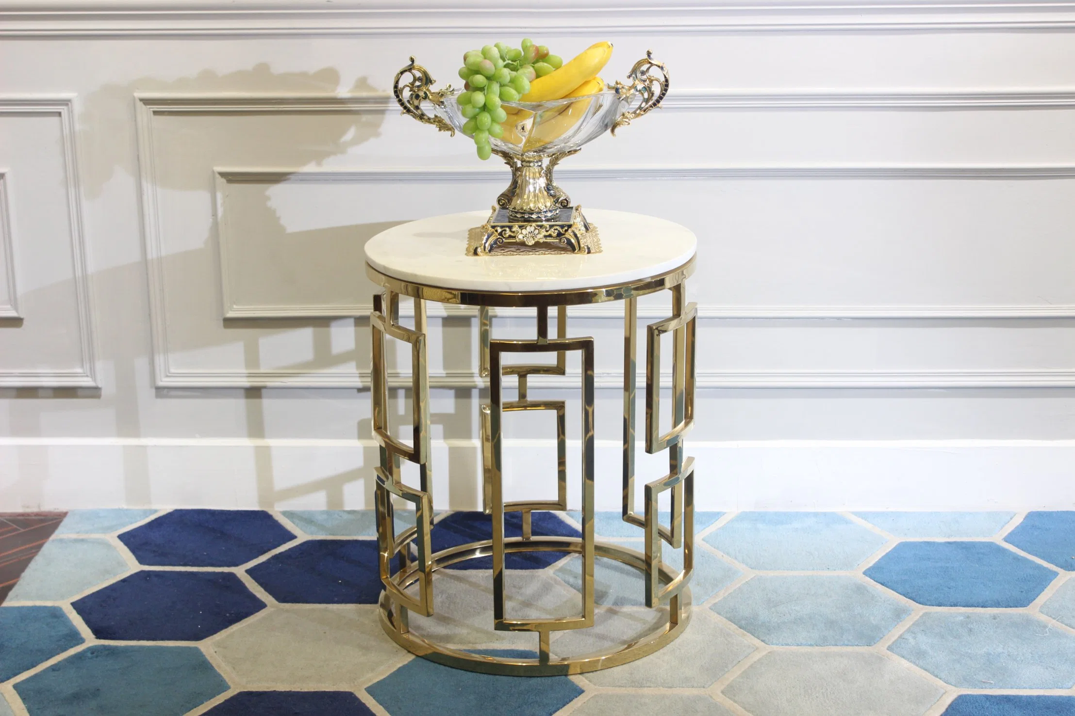 Zhida Home Furniture Manufacturer Luxury Golden Metal Frame Living Room Sofa Side Table Marble Top Small Tea Table