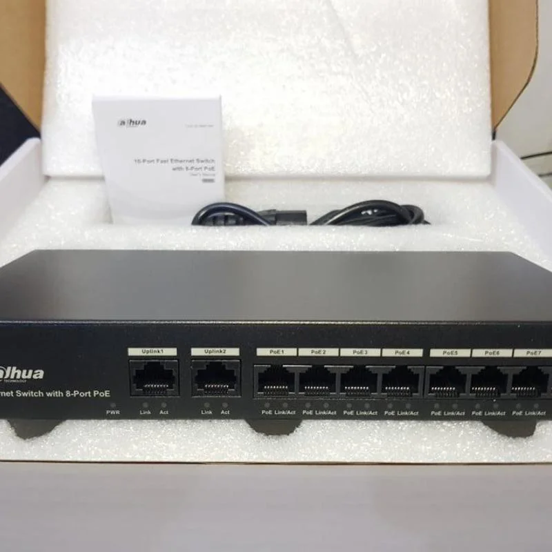 Pfs3010-8et-65 10 Puerto Fast Ethernet Switch 8 Puerto Poe Dahua PoE Watchdog con transmisión de poe de larga distancia de 250 m.